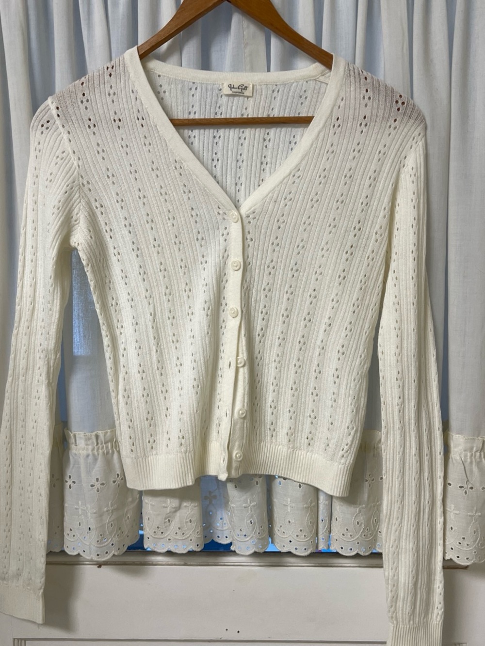 John Galt Pointelle Light Cream V-Neck Eyelet Cardigan Sweater